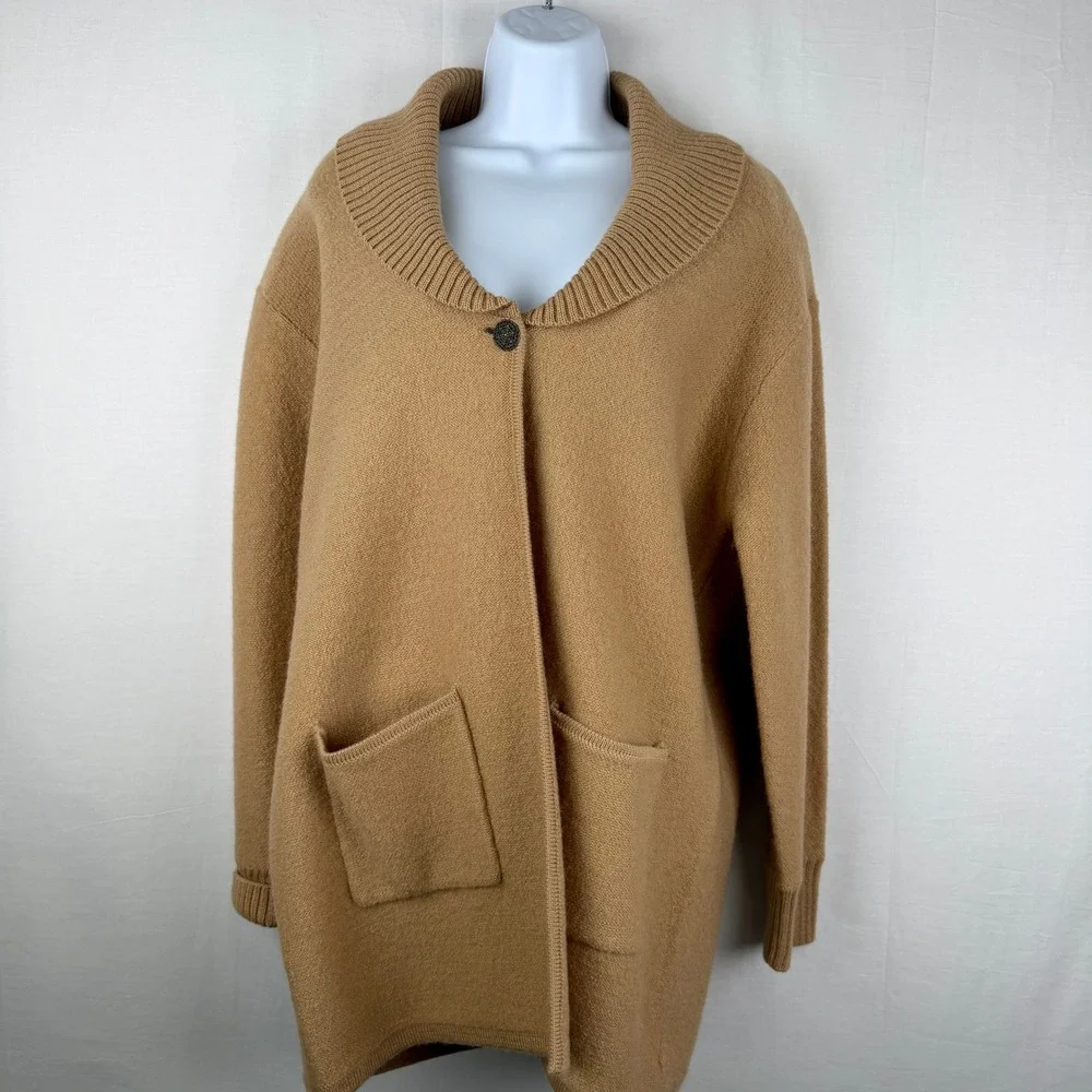 Karen Scott Womens Medium 100% Wool Cardigan Camel Tan Shawl Collar Long Sweater